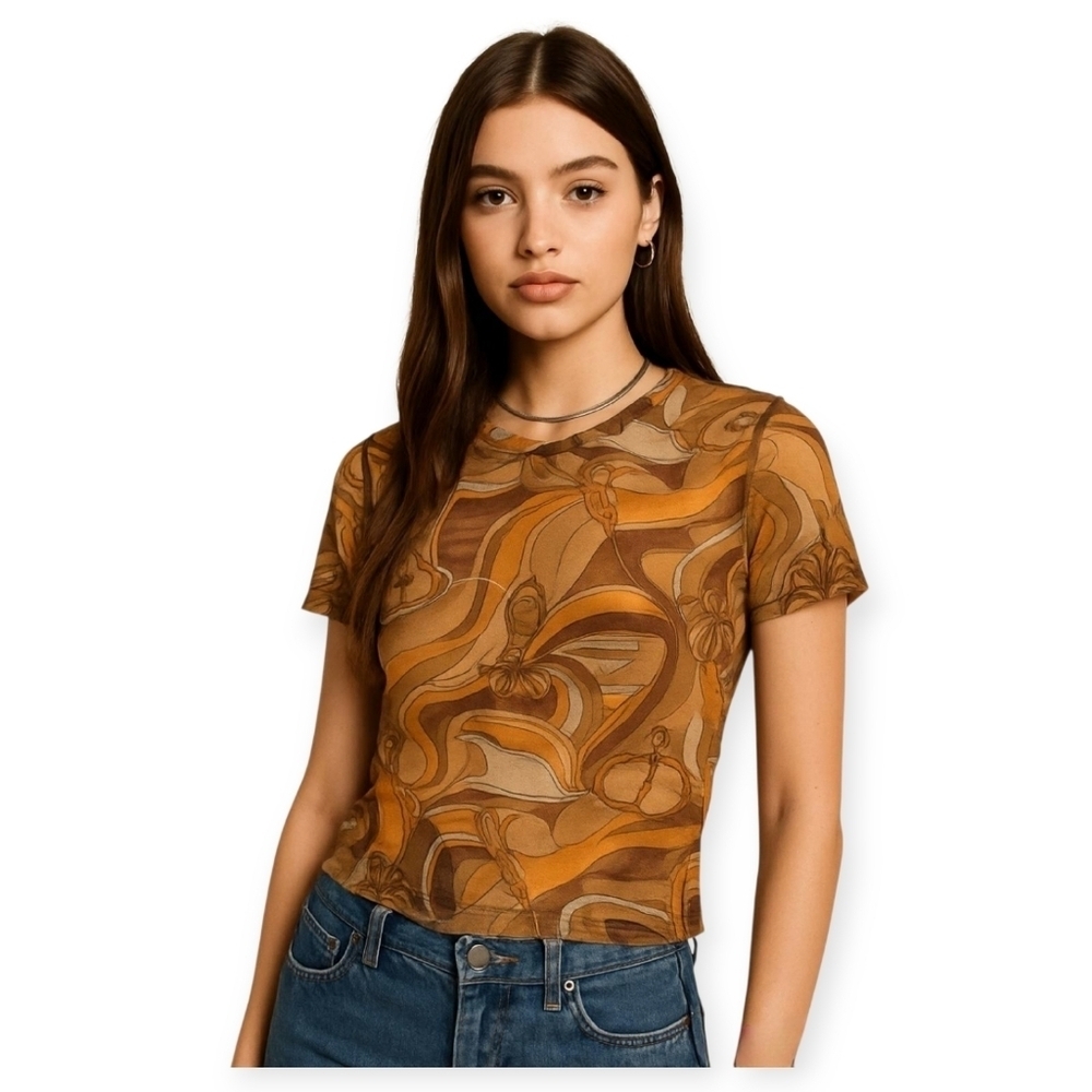 Semi Sweet Mesh Baby Tee Tan Orange Medium Trendy Semi Sheer Crop Top Women's